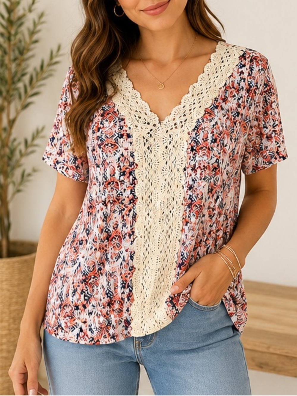 🌺 Hannah Boho Floral Crochet Lace V-Neck Knit Top Rayon Stretch NWT S